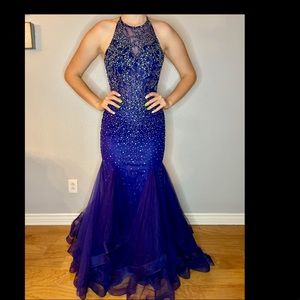 Camille La Vie floor length Mermaid gown. Blue violet beaded halter size 4.